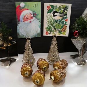 5 Acorn Glitter Glass Ornaments 2 Crate & Barrel Placecard Christmas Tree Holder